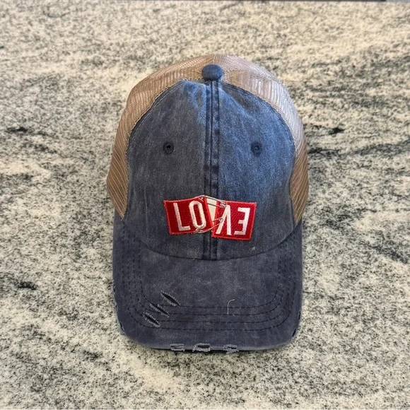 New Custom Designed Blue & Tan Mesh Distressed Trucker Hat with Embroidered LOVE